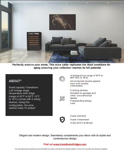 Transtherm Prestige Loft Vintage 74 Bottle Wine Cabinet Full Glass Door